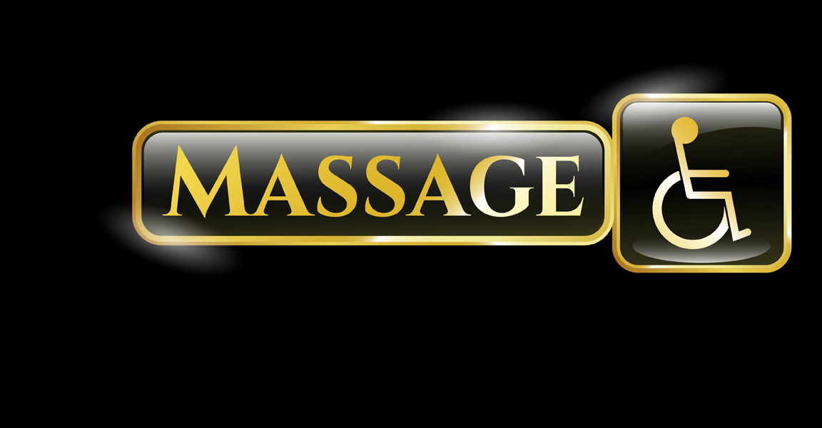 goldenes Emblem mit Behinderten-Icon Rollstuhl und Text Massage 